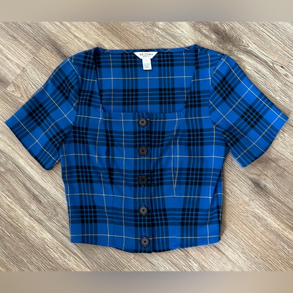 Size in Extra Small. Blue Checkered Crop Top with a Square Neckline. - Picture 1 of 5
